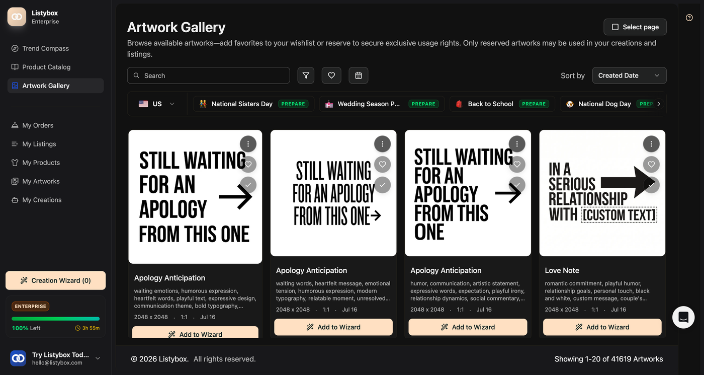 Listybox Artwork Gallery: exclusive trend designs with seasonal event calendar