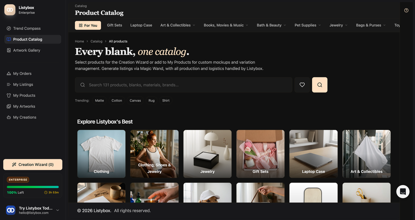 Listybox Product Catalog: every blank in one catalog, transparent production costs