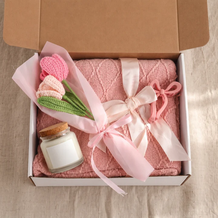 4-Piece Blush & Bloom Gift Set (Candle, Blanket, Crochet Bouquet, Bow Clip)