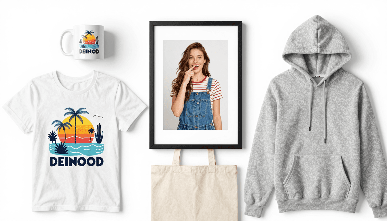 Colorful array of print on demand products including mugs, t-shirts, and posters