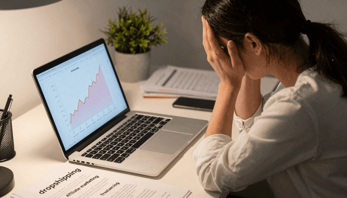 Frustrated woman looking at laptop surrounded by failed online business schemes