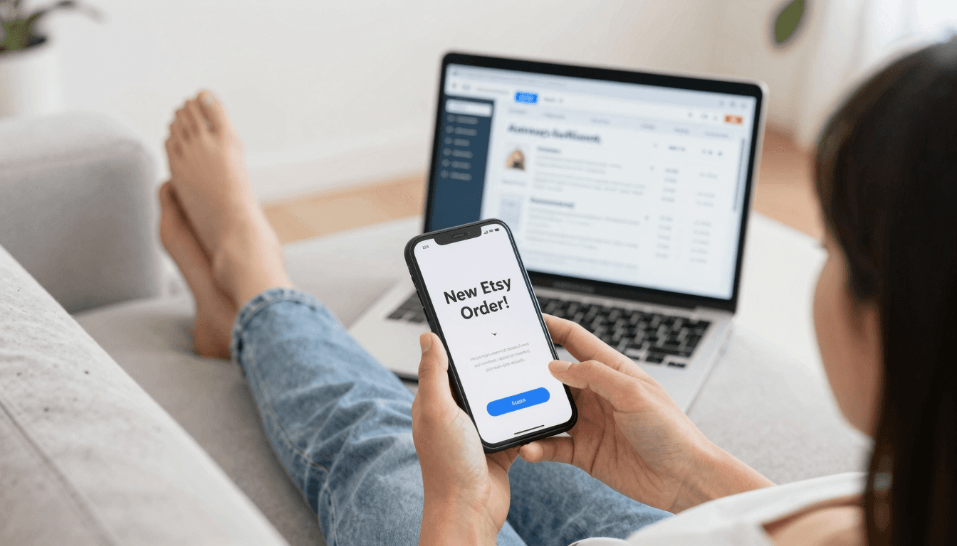 Etsy seller relaxing on couch while phone shows new order notifications