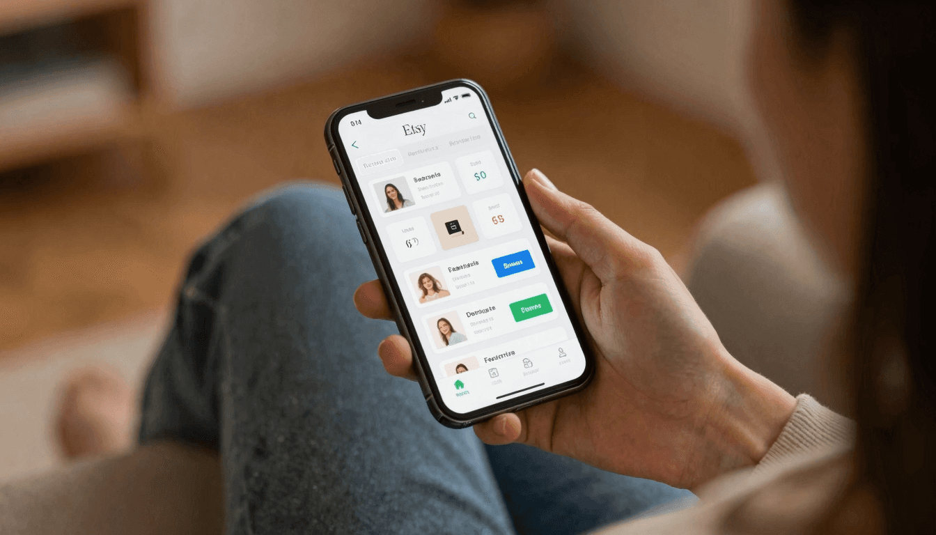 Entrepreneur checking Etsy sales on phone while sitting at home