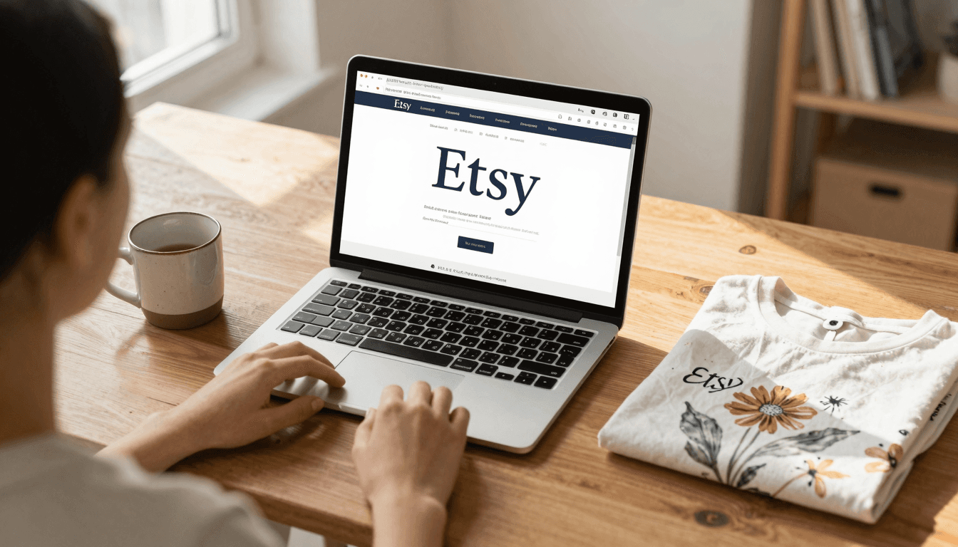 Etsy seller setting up a print-on-demand store on a laptop