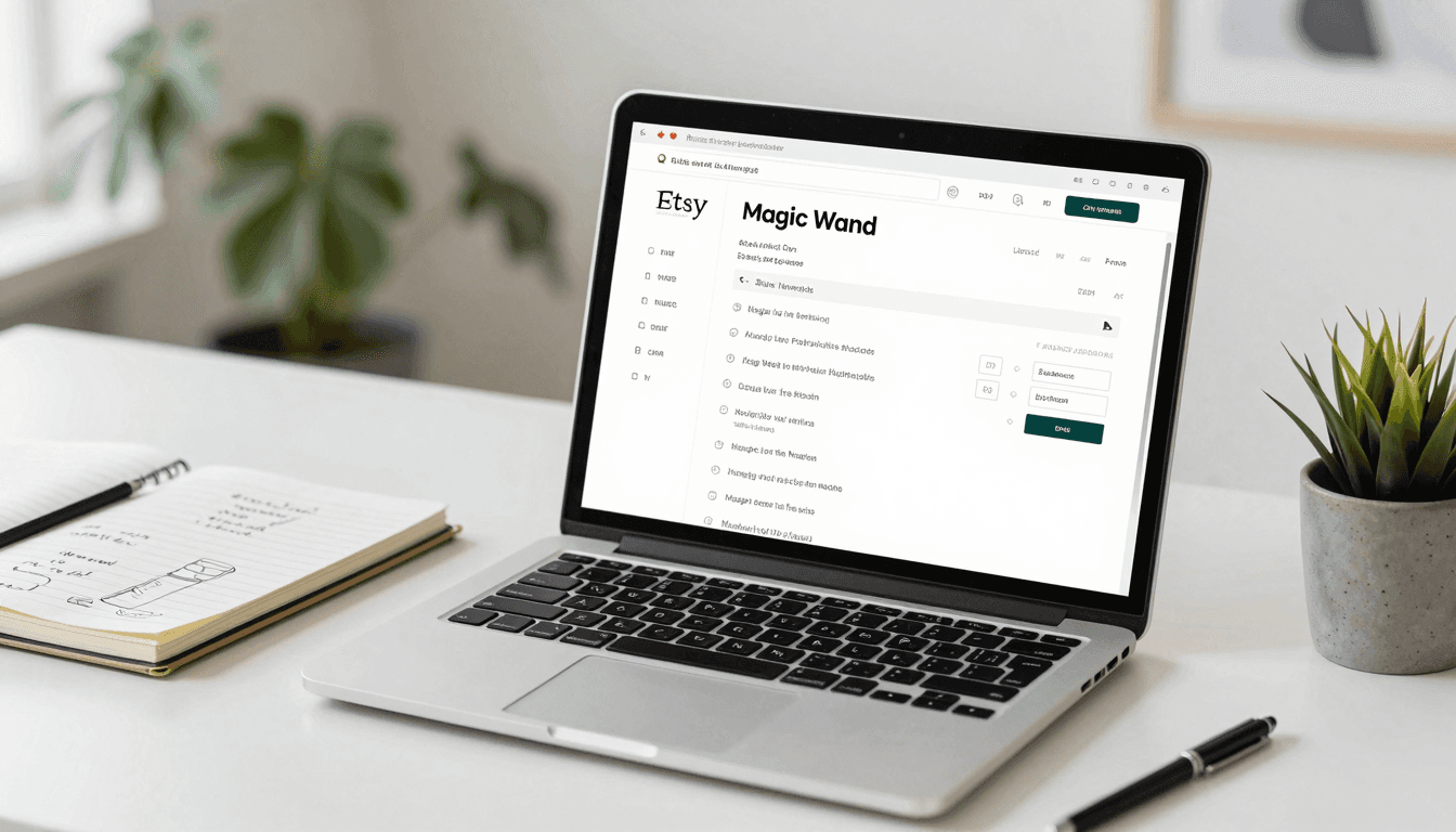A clean, organized Etsy seller dashboard showing a listing being optimized with keyword suggestions and a high quality score