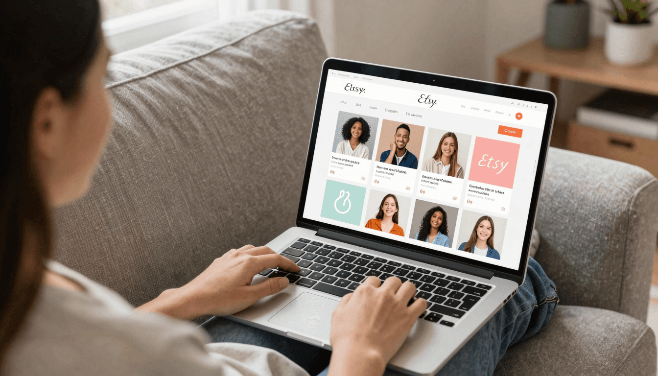 Etsy seller sitting comfortably with laptop showing sales dashboard
