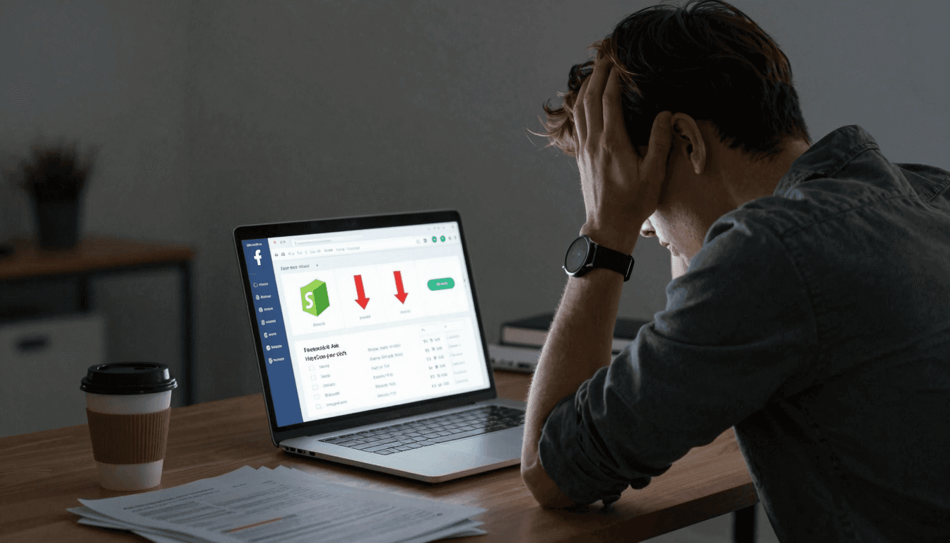 A stressed person looking at a laptop with Shopify analytics showing red negative numbers and a Facebook Ads manager dashboard with high costs