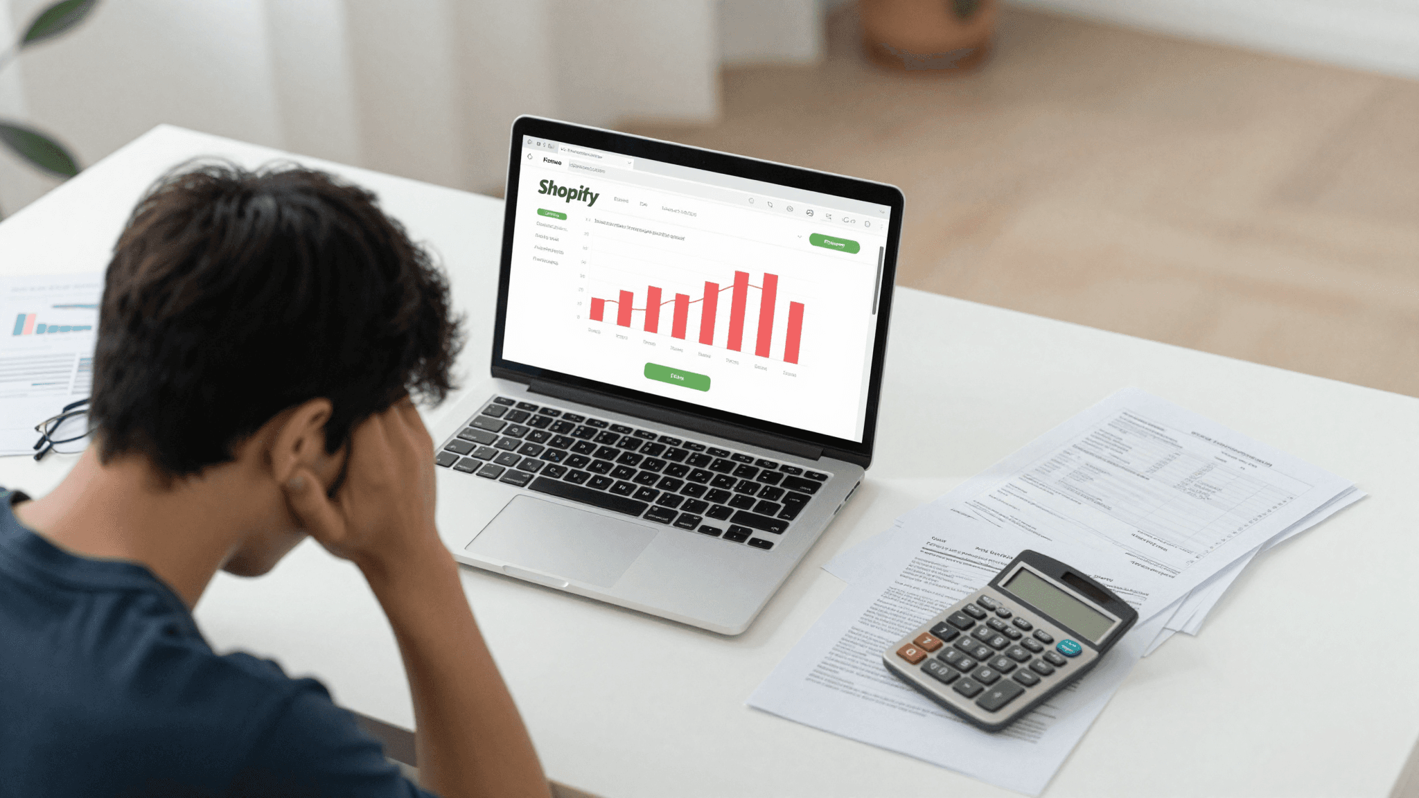 A desk with a calculator, receipts, a Shopify dashboard on a laptop, and a stressed person holding their head