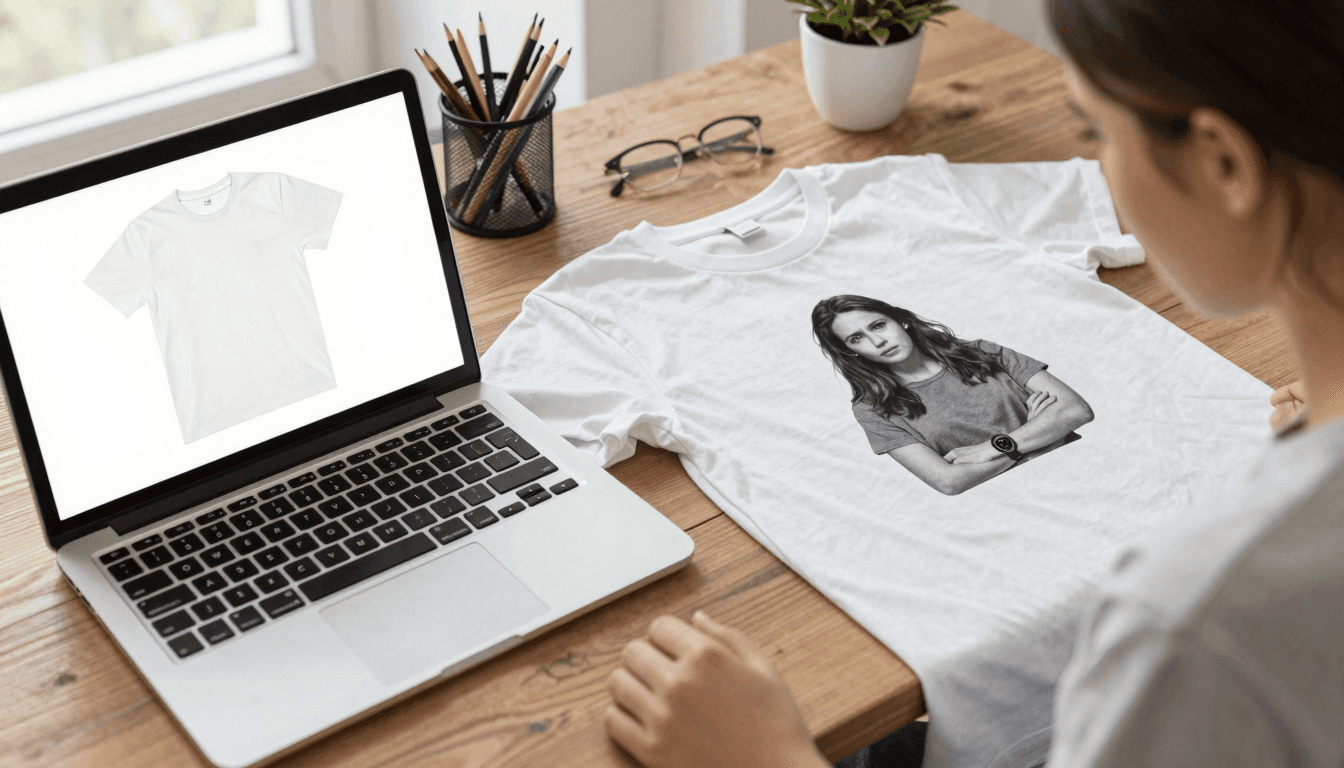 Etsy seller comparing a free mockup on screen with the actual printed t-shirt