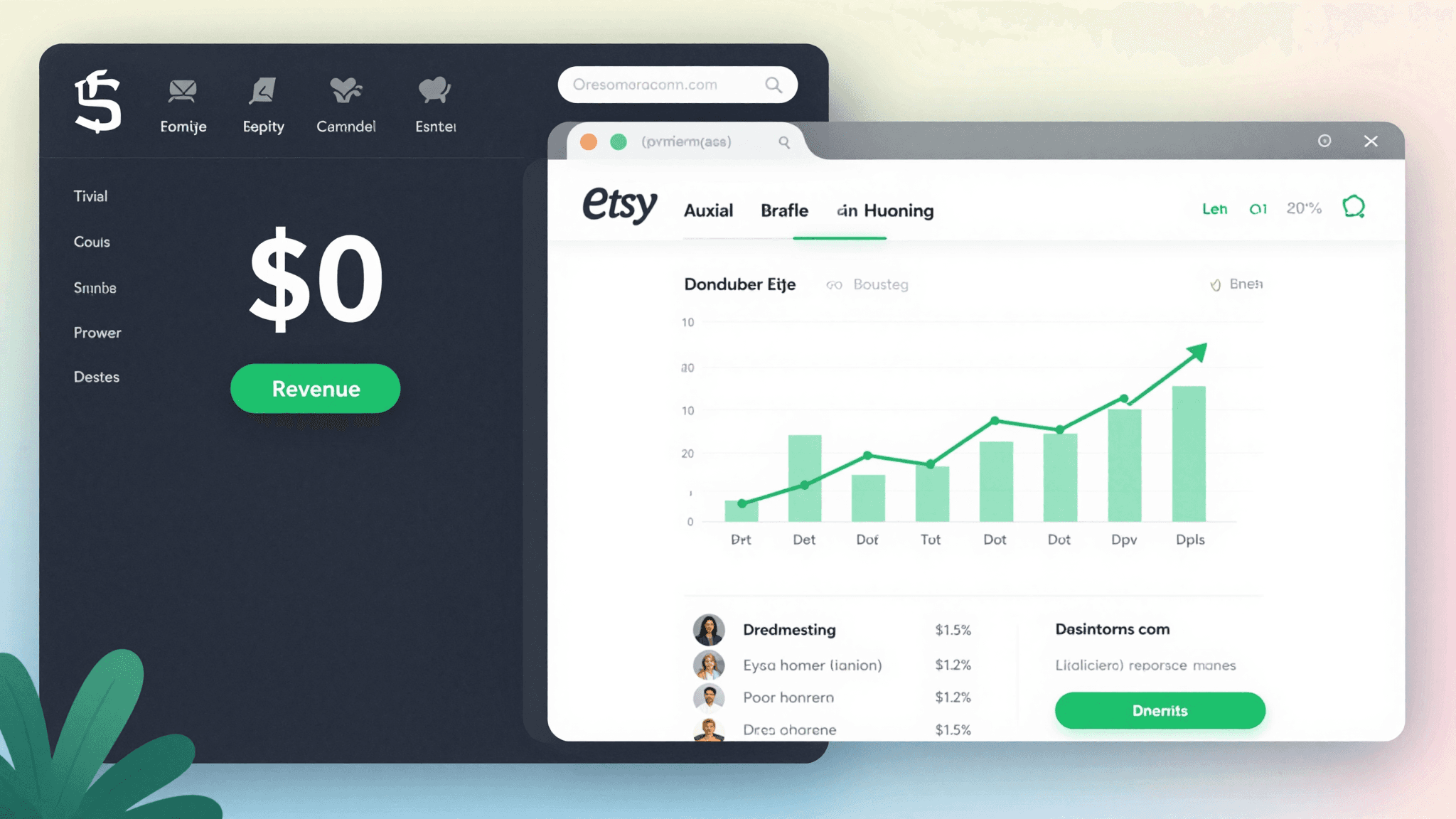 Split screen showing Liam's Shopify dashboard with zero sales and then his thriving Etsy shop with multiple orders and happy reviews