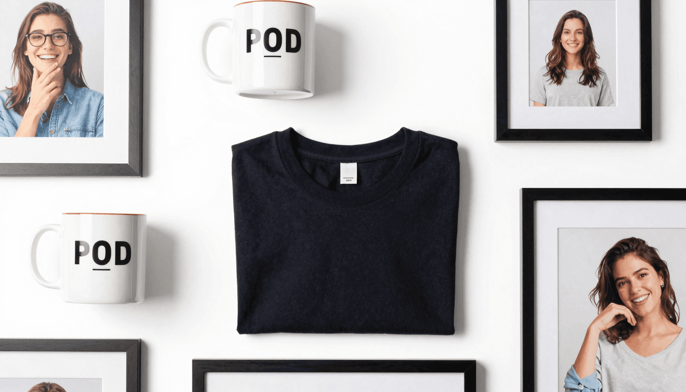 Colorful print on demand products including mugs t-shirts posters