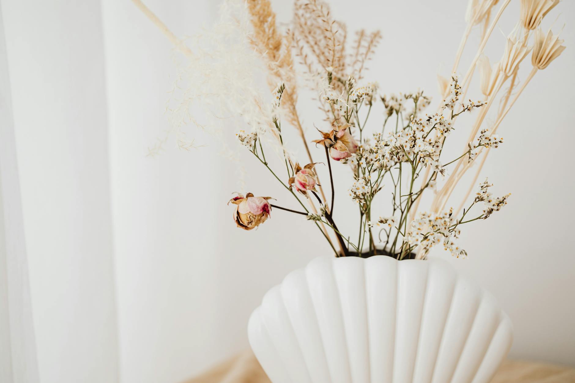 A stylish floral arrangement showcasing dried flowers in a white shell vase, perfect for interior decor.