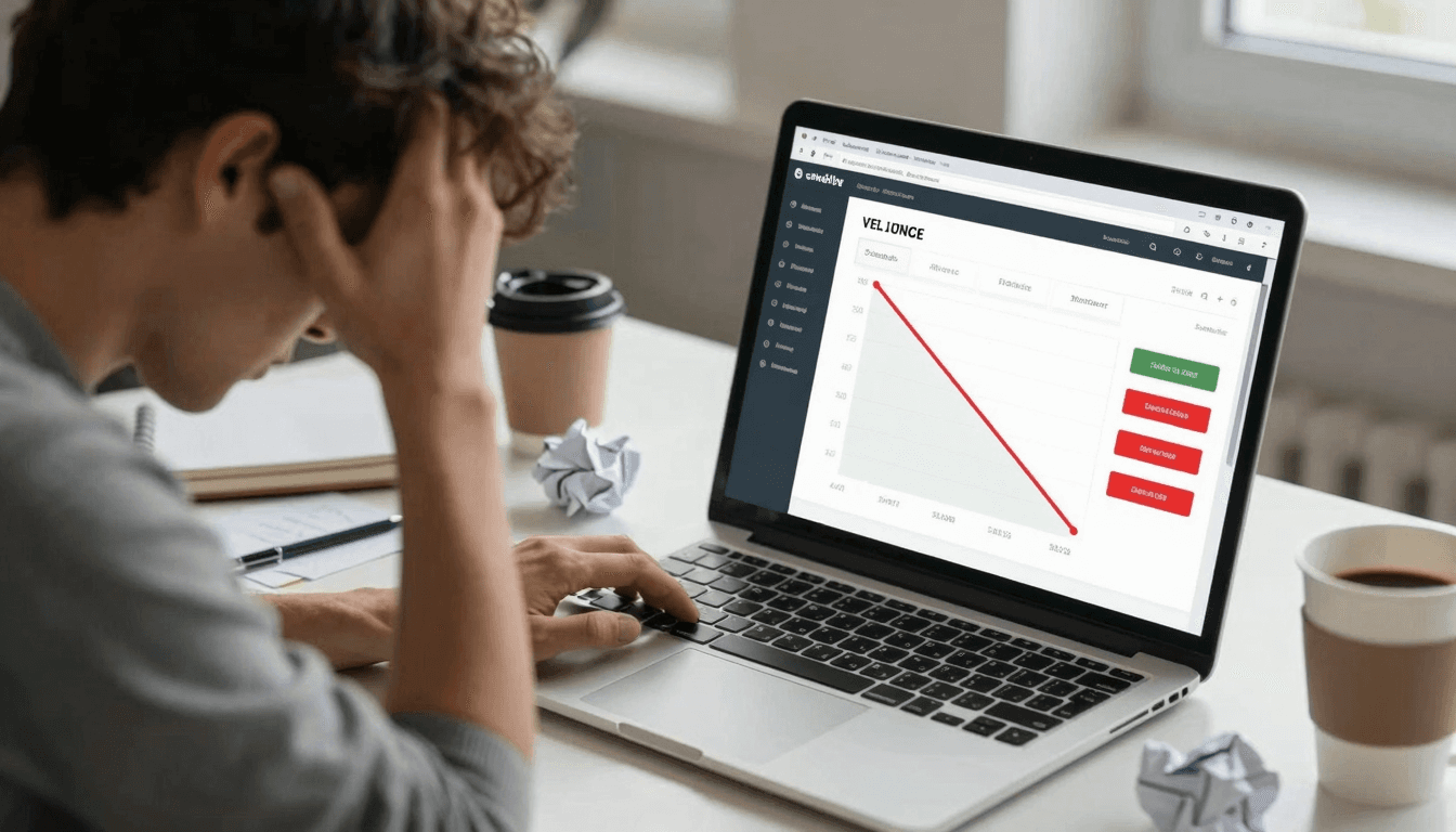 Stressed entrepreneur staring at Shopify dropshipping dashboard with red profit numbers