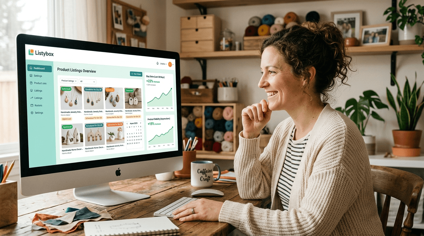 A seller happily managing multiple Etsy listings with Listybox dashboard