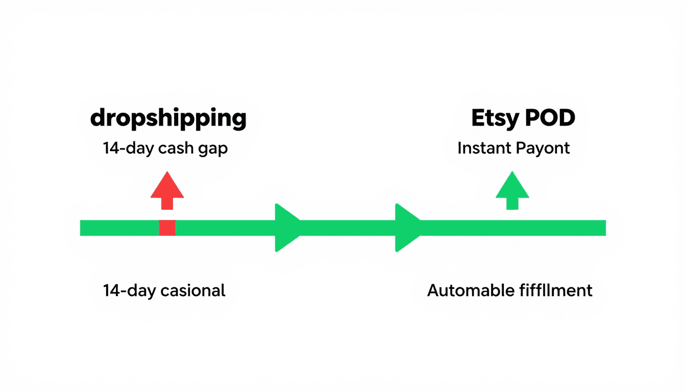 Infographic comparing cash flow cycle of Shopify dropshipping versus Etsy POD with automated fulfillment