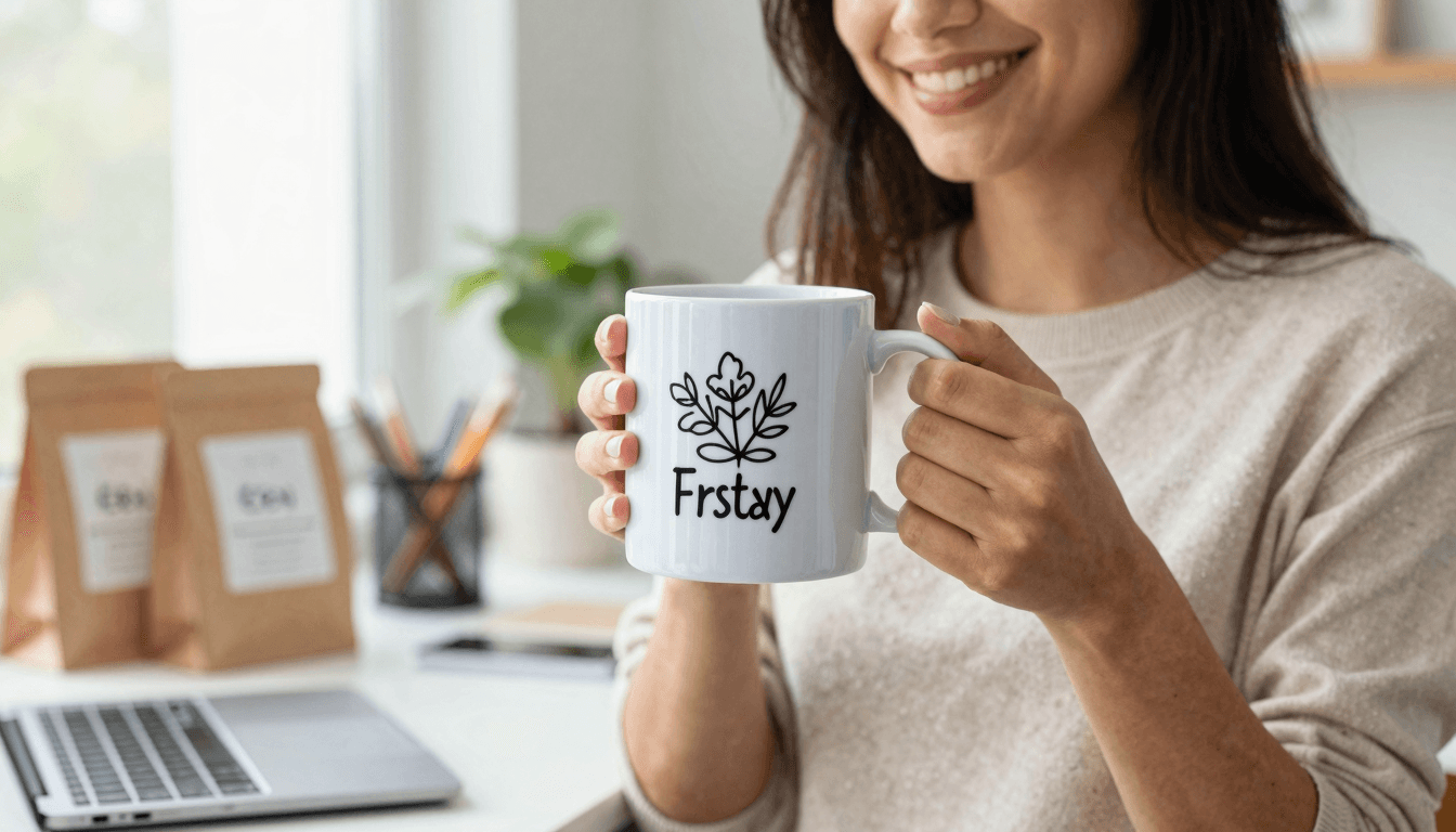 Etsy print on demand seller holding a mug with a smiling face