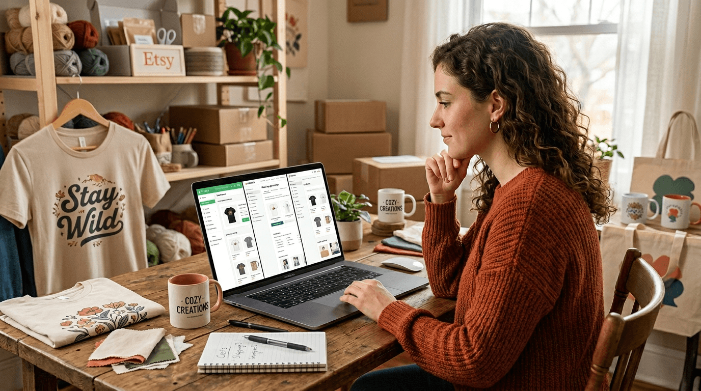 Etsy seller comparing POD platform interfaces on a laptop