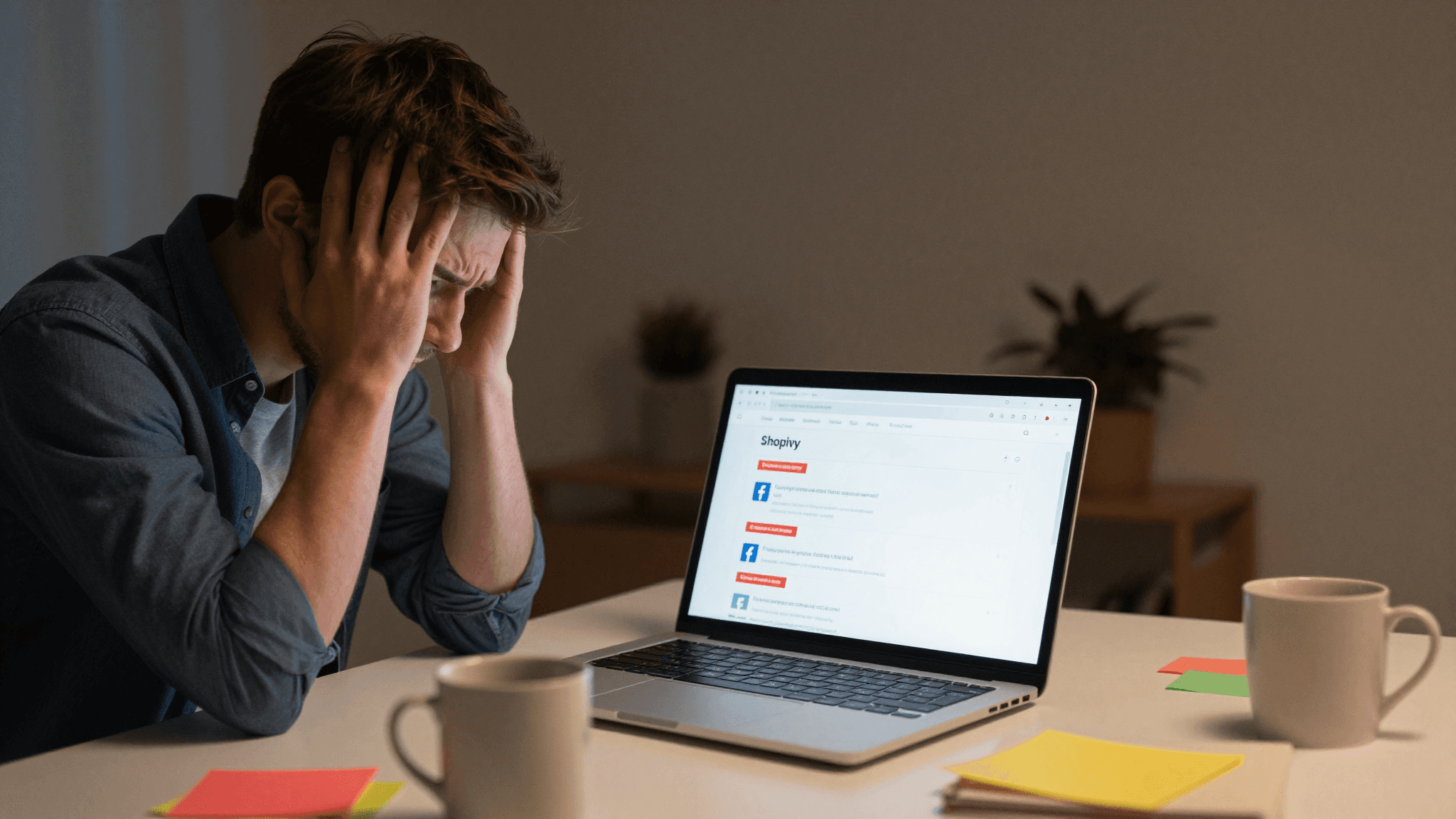 Stressed entrepreneur staring at Shopify dashboard showing losses