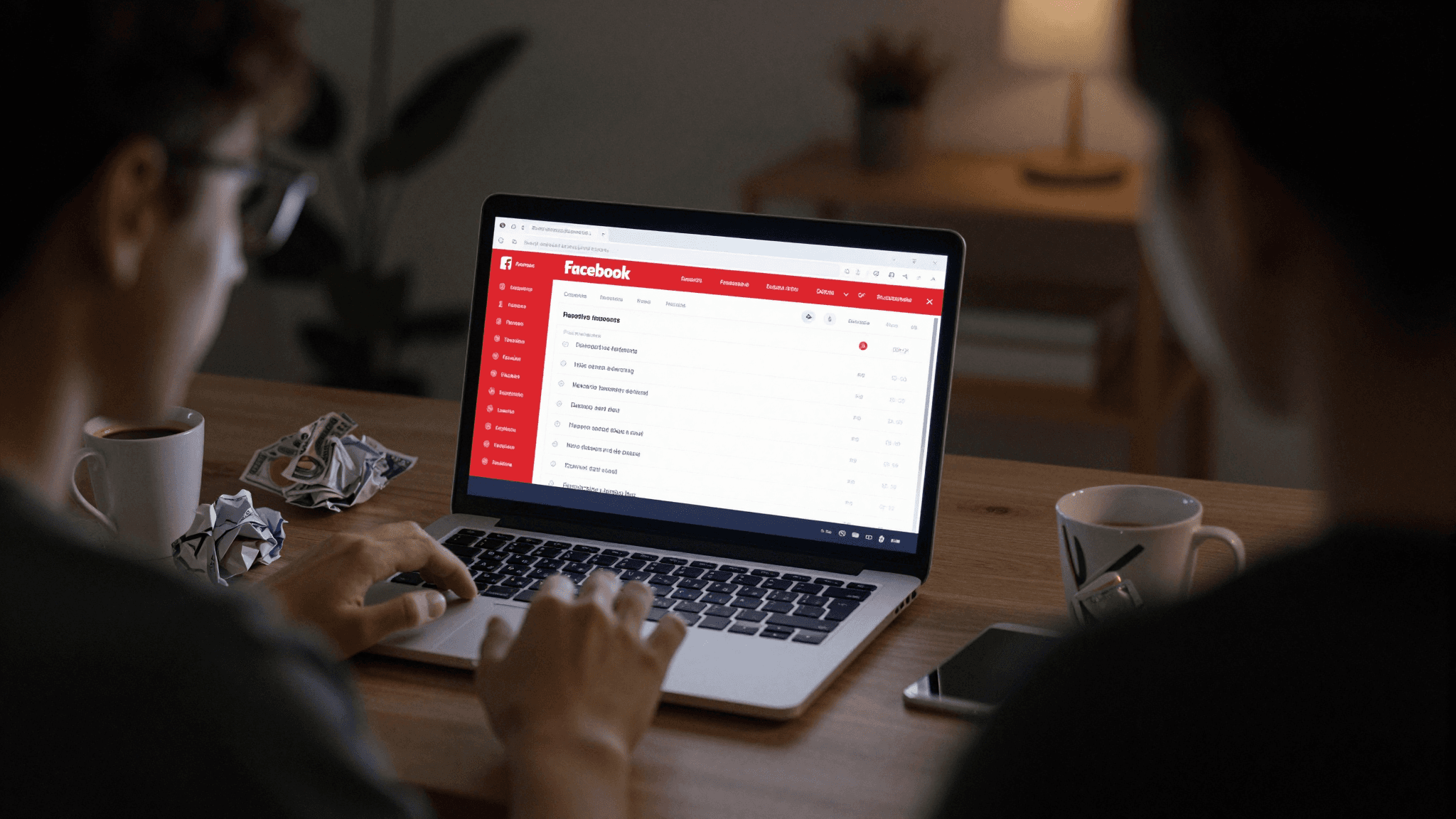 Stressed entrepreneur looking at failed Shopify ads dashboard with red numbers and bills